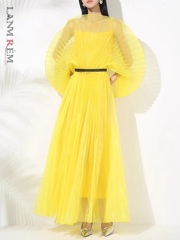 LANMREM Элегантное длинное платье для женщин с объемными рукавами из тонкой ткани