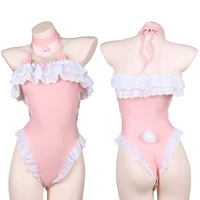 new anime kawaii animal pink rabbit cosplay costume sleeveless bandage bodysuits sexy ruffles bodycon sexy romper jumpsuit gifts