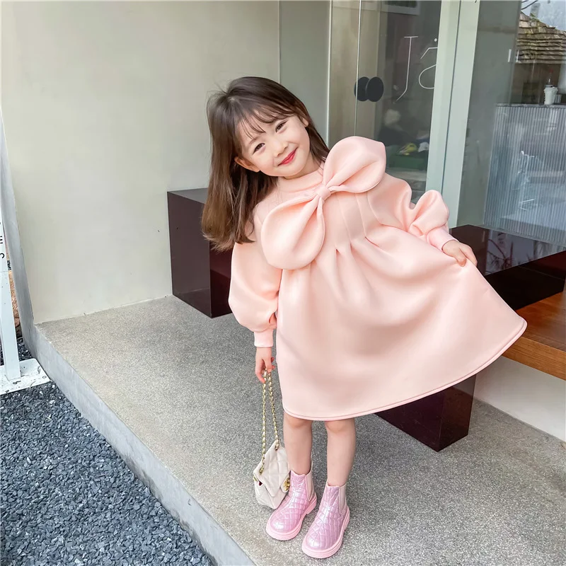 

Girls Winter Dress Long Sleeve Pink Color Unique Design Princess Dress with Bow Children Sweet Dress Clothes for Baby Girl
