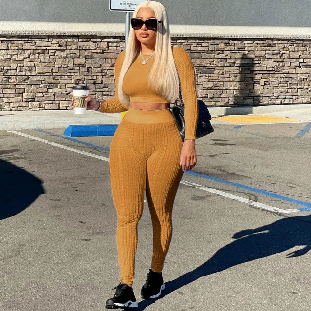 

2 Two Piece Set Long Sleeve Crop Tops And Pant Suits Women Set Solid Color Sheath Matching Fashion Outfit 2022 Spring Autumn