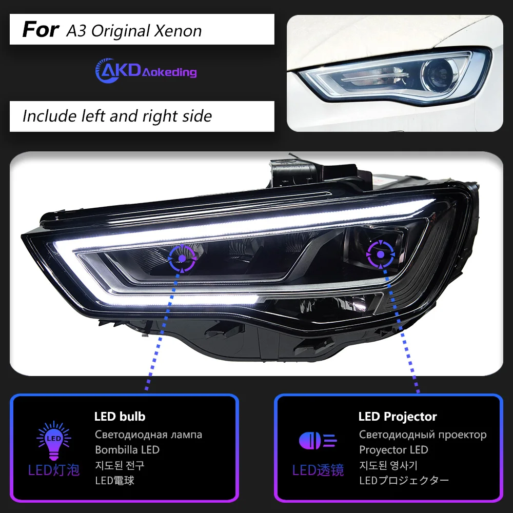 

Налобный фонарь AKD для Audi A3 светодиодный, фары 2013-2016, фары S3 DRL, сигнал поворота, фара дальнего света, объектив проектора Angel Eye