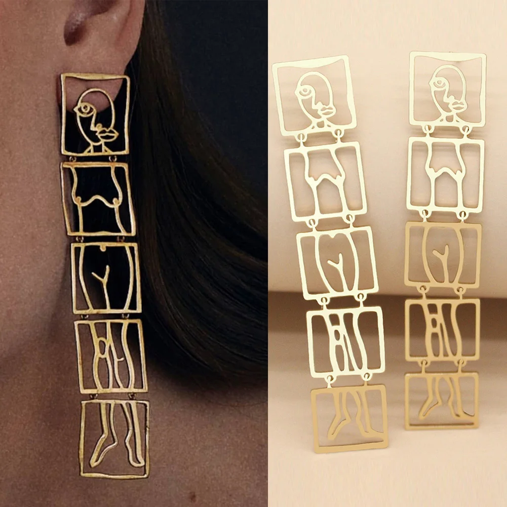 

Earrings Party Jewelry Fashion Long Dangle Drop Individuality Statement Hollow Metal Trendy Face