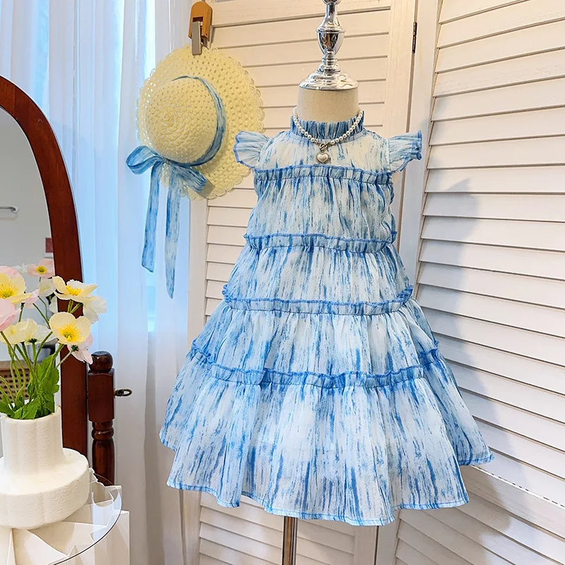 

Summer 2023 New Arrival Girls Sleeveless O Neck Ruffles Tie-dye Blue Roupa Infantil Menina Cute Party Cake Dress Custume 12M-5T