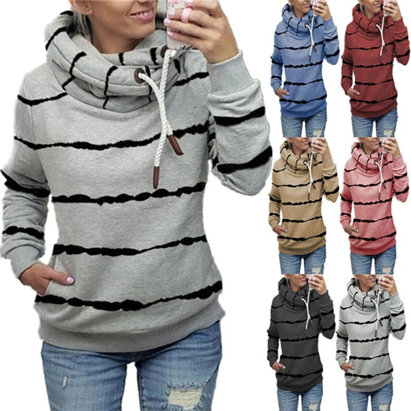 Women Hoodies Autumn Winter Warm Coat Casual Ladies Loose Long-sleeved Striped Spotted Printed Hooded Fleece Sweater