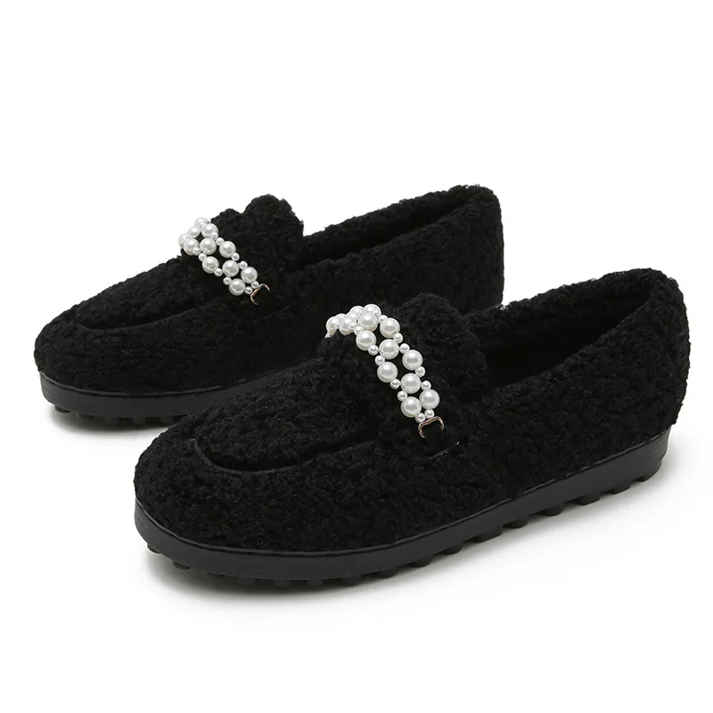 2022 Femmes Wool Sheep Fur Moccasins Women Pearl Beaded Flats Curly Lambswool Shoes Winter Ladies Outdoor Plush Cotton Loafers