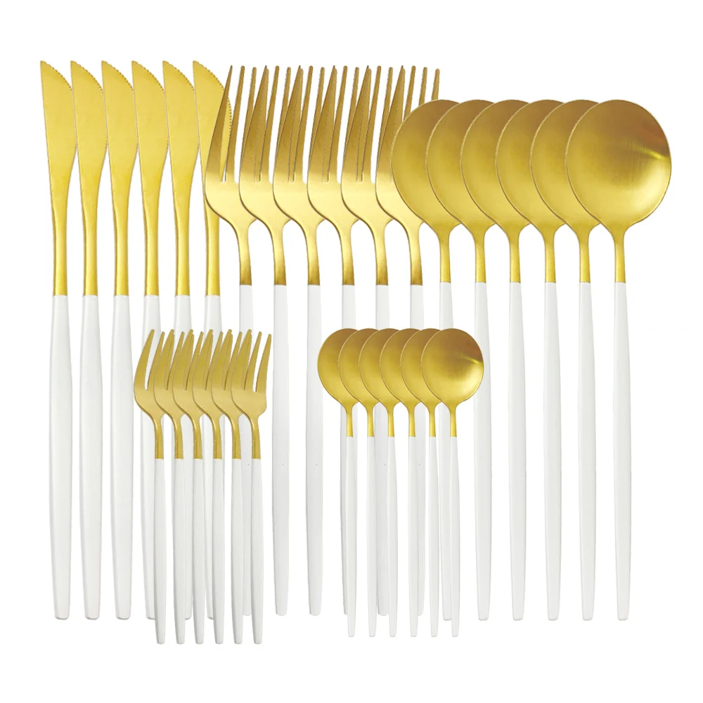 

6/30Pcs White Gold Matte Dinnerware Stainless Steel Knife Fork Spoon Tableware Cutlery Set Kitchen Flatware Set Service for 6