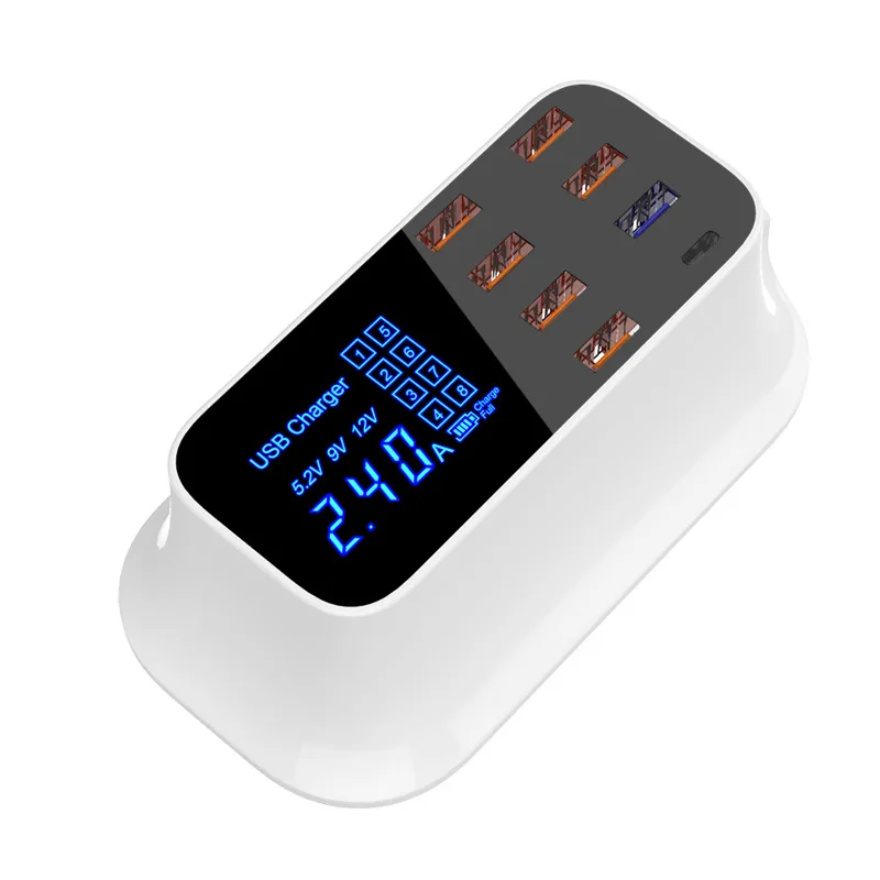 QC3.0 Type-c Fast Charge Smart Digital Display CDA19Q Multi-port USB Mobile Phone Charger 8-port Adapter Travel Charger