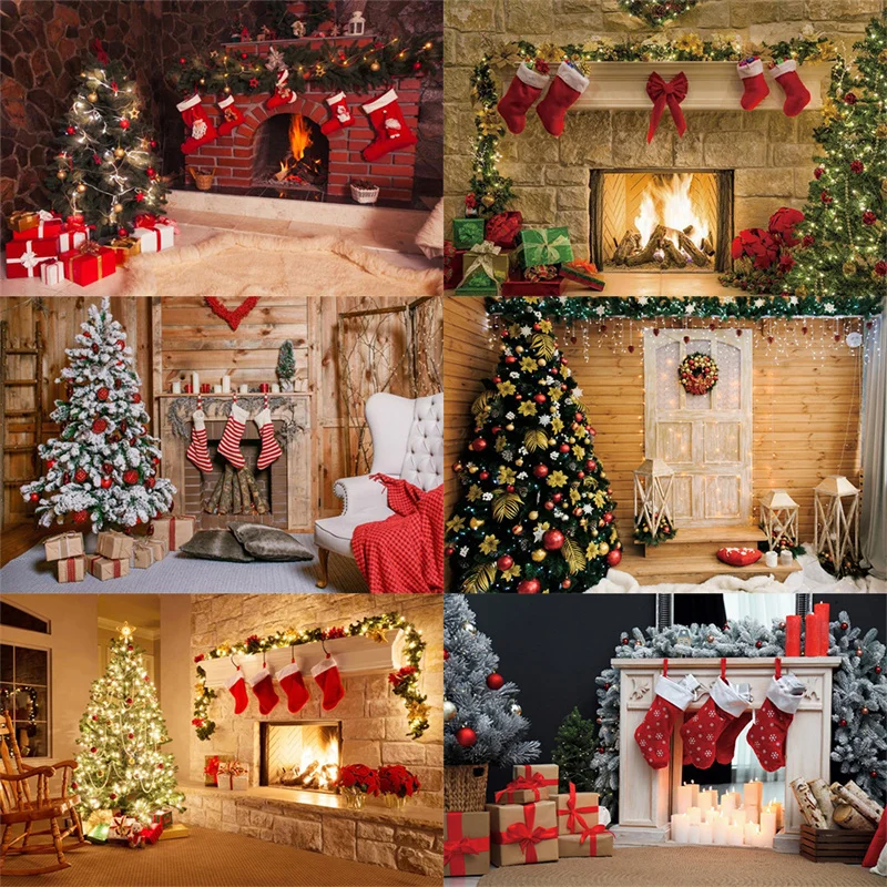 

2023 Merry Christmas Photography Backdrop Window Tree Gift Indoor Fireplace Party Decor Photocall Background Kids Photo Studio