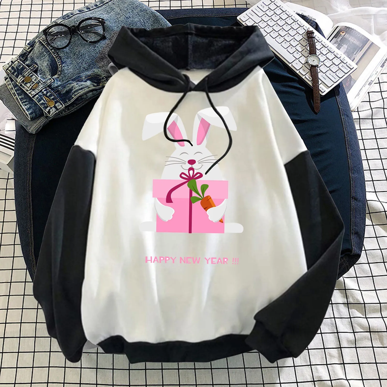 

Women Sweatshirt Rabbit Print Casual Long Sleeve Drawstring Hoodie Color Block Tops Pullover Sweatshirt Long Hoodie