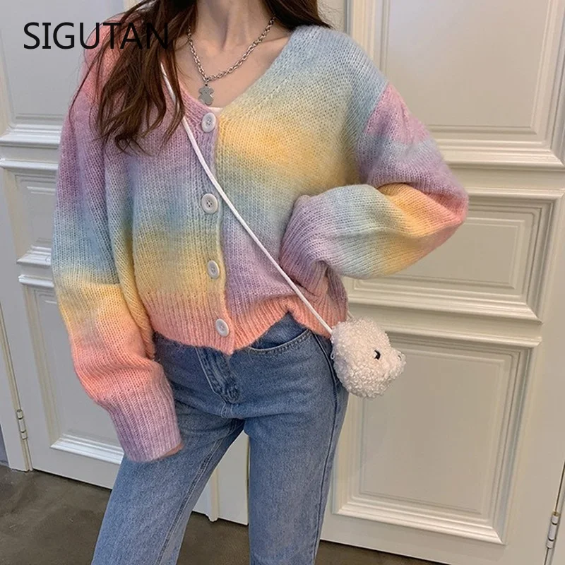 

Rainbow Gradient Single-breasted Cardigan Sweater Loose Knitted Jacket Oversized Cardigan For Woman Winter Knit Clothing