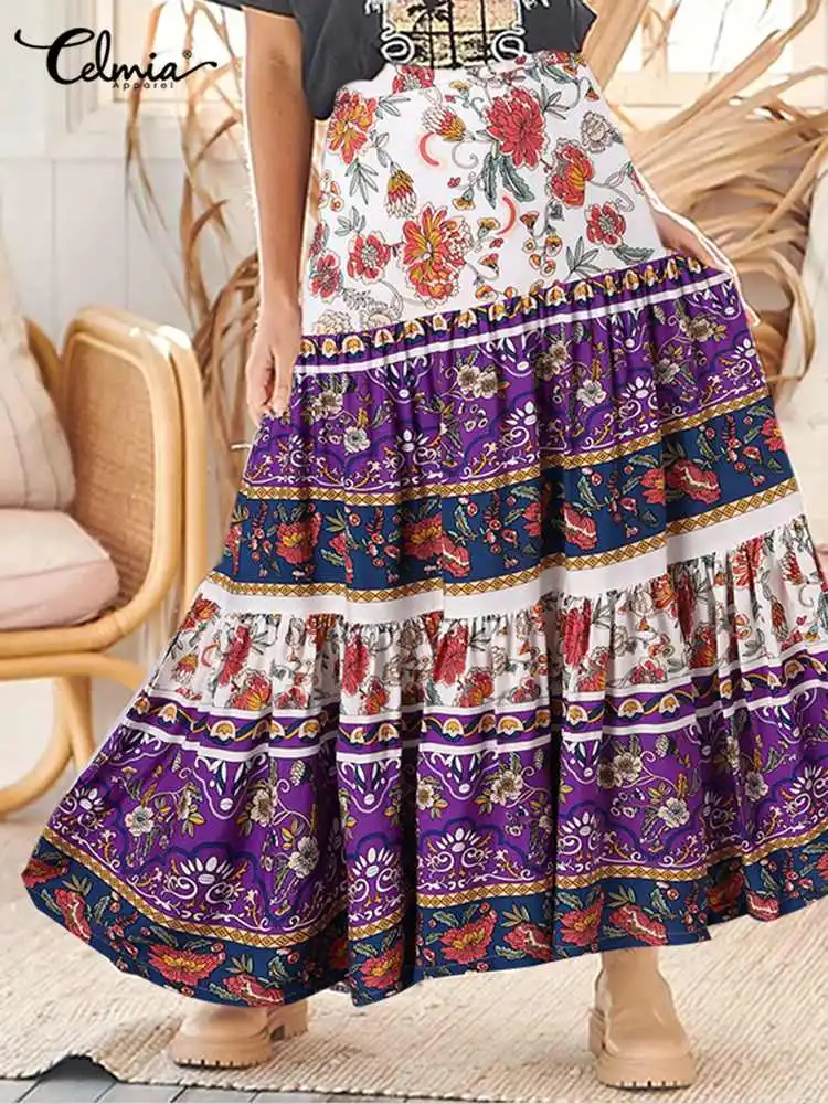 

Celmia Holiday Bohemian Swing Faldas Fashion Casual Loose A-line Women Long Skirt Stitching Pleats Floral Printing Maxi Skirts