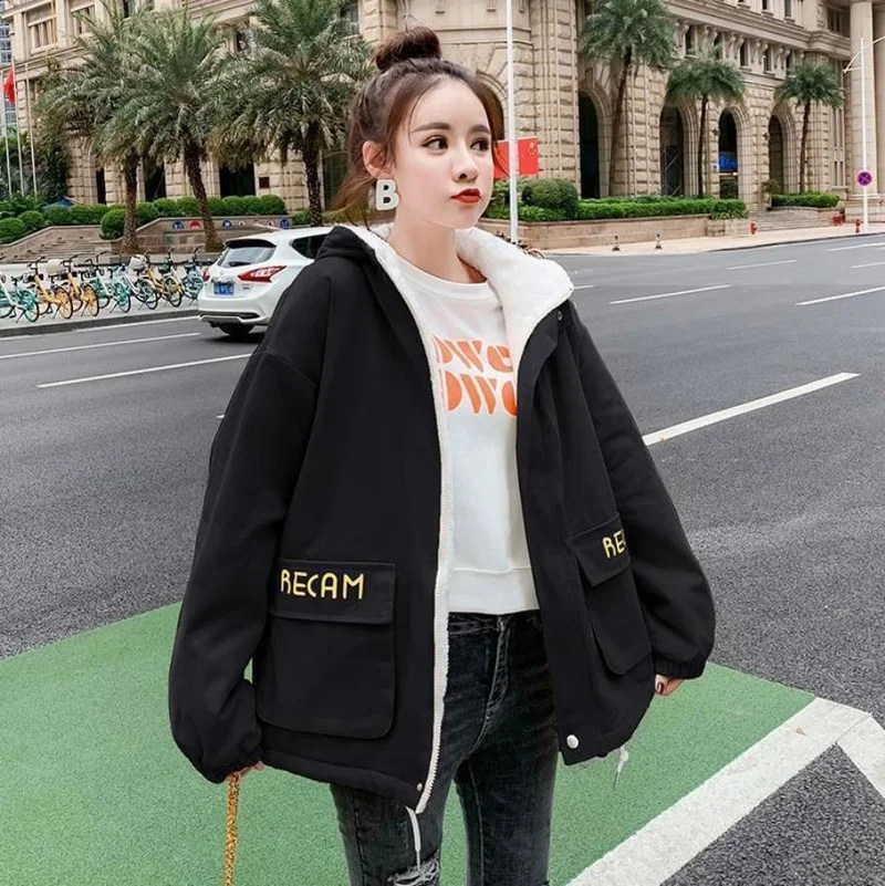 Women Korean Harajuku Hooded Loose Warm Coats Autumn Winter Plus Velvet Thickening Tooling Jackets Pocket Letter Printing Coat