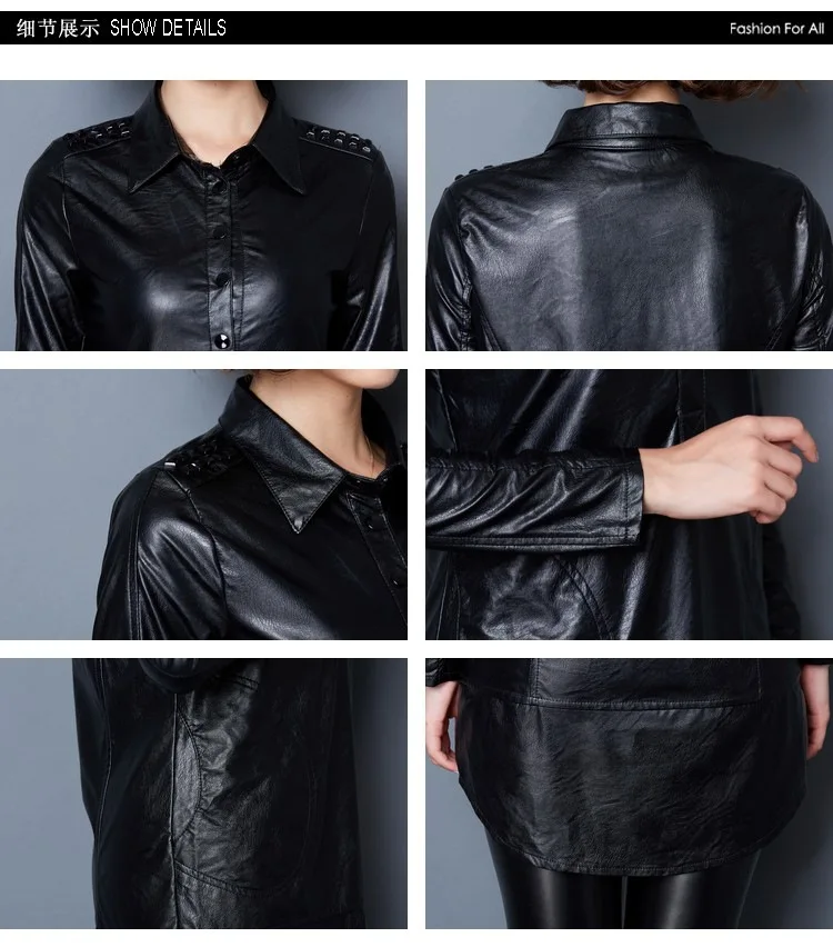 2022 Lapel Slim PU Leather Women's Long Sleeve Padded Bottoming Shirt with Velvet Skinny Lady Sexy black Leather Blouse Top