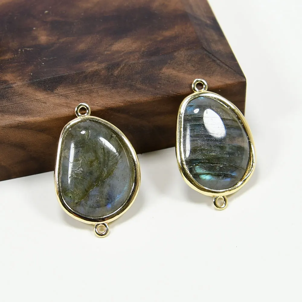 APDGG 5 Pcs Natural Labradorite Smooth Double Bail 24K Gold Plated Bezel Sets Connector Pearl Necklace Pendant Jewelry DIY