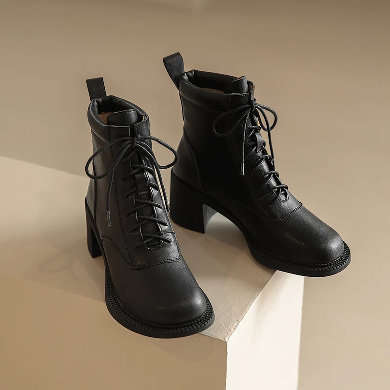 

Genuine Leather High Heels Popular Women Ankle Boots Fashion Lace-Up Casual Shoes Woman Autumn Winter Motorcycle Boots