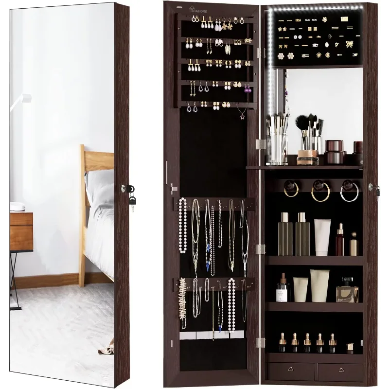 

DEXTRUS Jewelr Cabinet with Full-Length Mirror, Wall Mounted LED Armoire Mirror Organizer, 47.2" H, Walnut