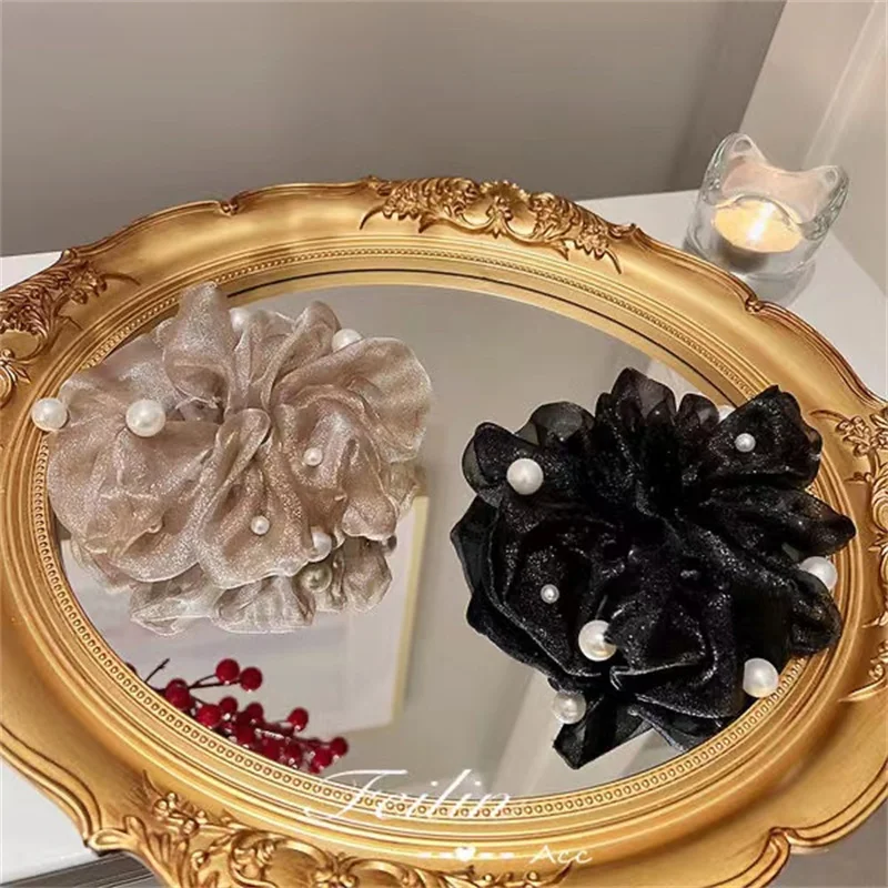 

Fashion Pearl Organza Elastics Hair Band Oversized Scrunchie Ponytail Holders For Women Girls Hair Rope Korean Hair Accessoires