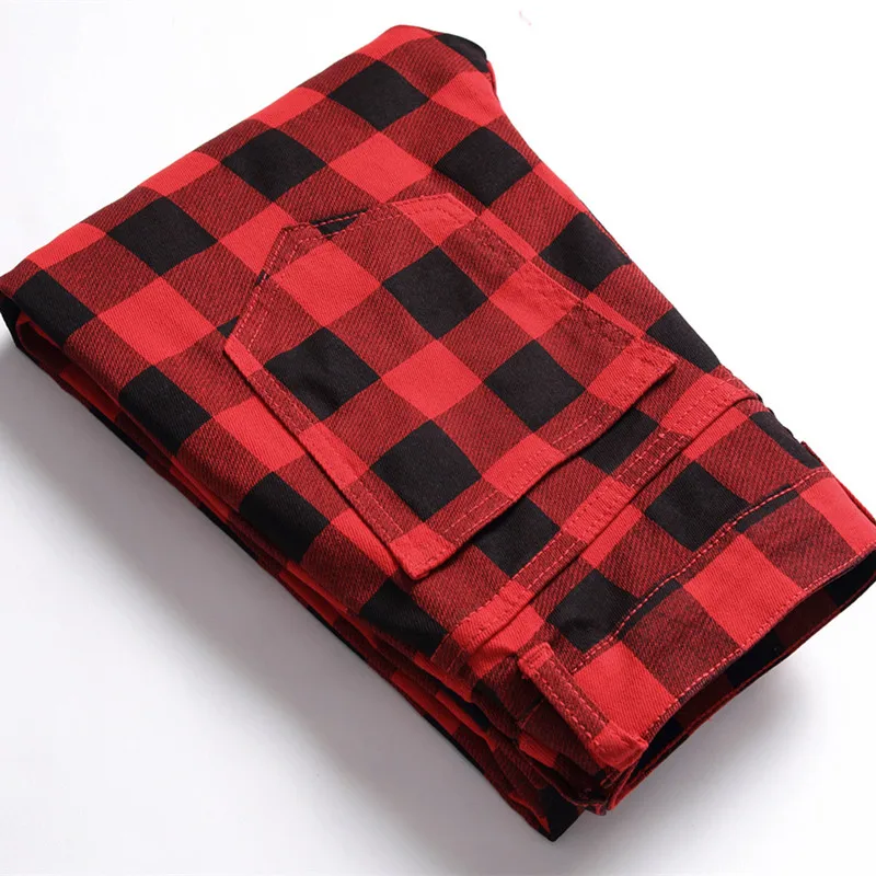 2022 England Style Stylish Red Plaid Men Stretch Slim Jeans Trousers Fashion Patchwork Women Pencil Cotton Casual Pants Pantalon
