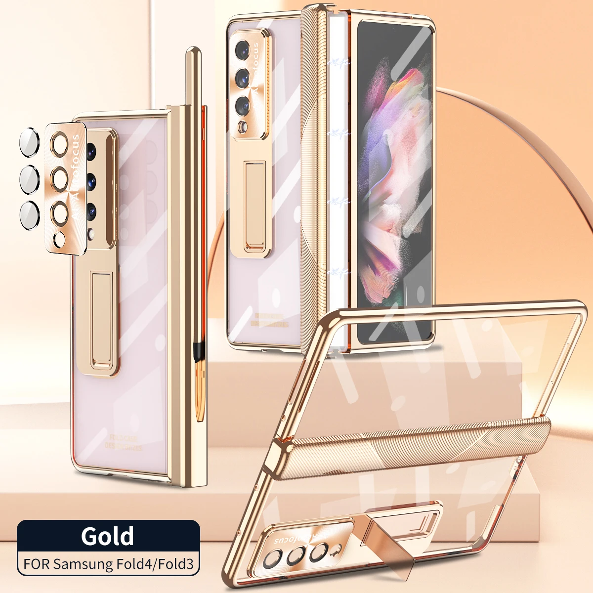 

S Pen Holder Slot Case For Samsung Galaxy Z Fold 4 Fold4 5G Magnetic Hinge Plating Transparent Kickstand Cover With 2 Hinge