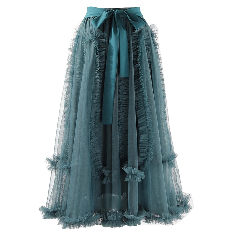 

2022 Spring Autumn Chic Gauze Skirt Women Lake Blue Mesh Mid Length Large Size