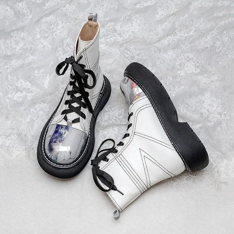 Ankle Boots Leather Women Flat Platform Short Booties Fashion Pu Leather Female Autumn Winter Boots Platform Shoes