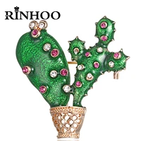 rinhoo green enamel cactus brooches for women fashion rhinestone potted plant lapel pins shirt bag cartoon badge natural jewelry