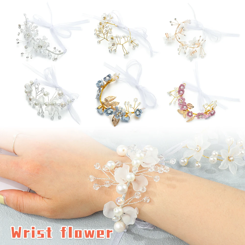 

New Flower Dancing Party Decor Bridal Prom Accessories Hand Flowers Bride Wrist Flower Bridesmaid Bracelet Flower Pearl Bracelet