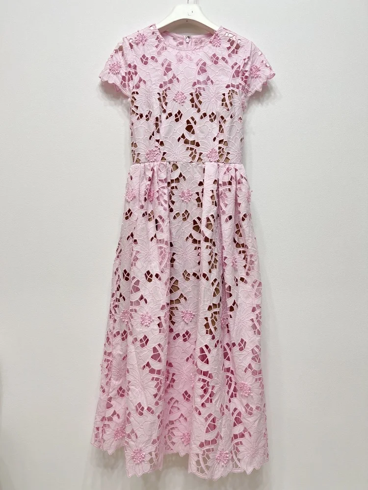 Runway Summer Hollow Out Sexy Women Midi Dress Pink Sweetheart 3D Floral Embroidery Lace Dress Short Sleeve Party Evening