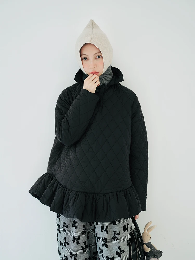 imakokoni original design warm thick coat hooded cotton jacket black casual personality long sleeve top winter women's wear