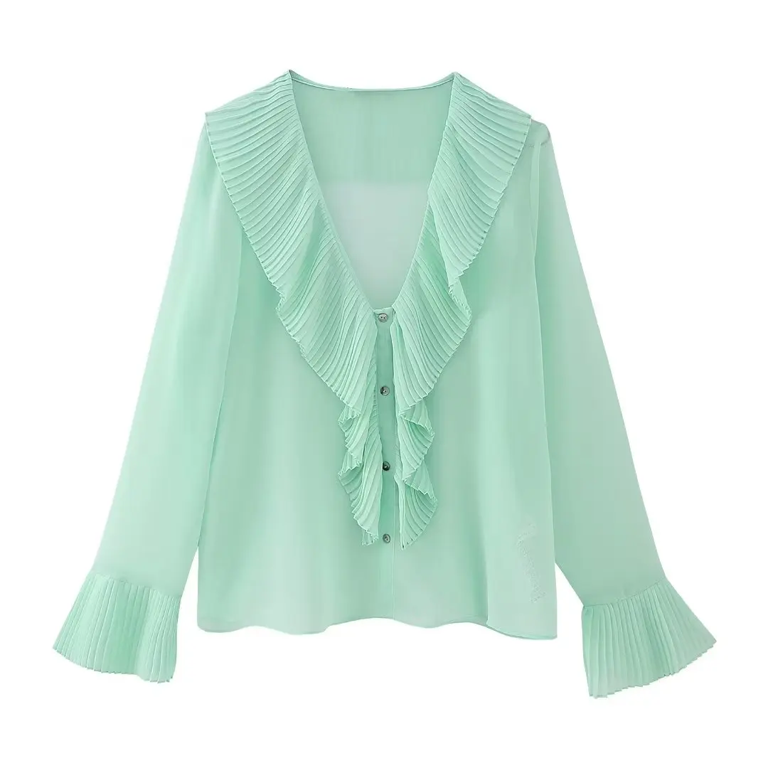 

Women 2023 New Fashion Spring Chic Vintage Long Sleeve Spliced Laminated Decorative Shirt Button-up Female Tops