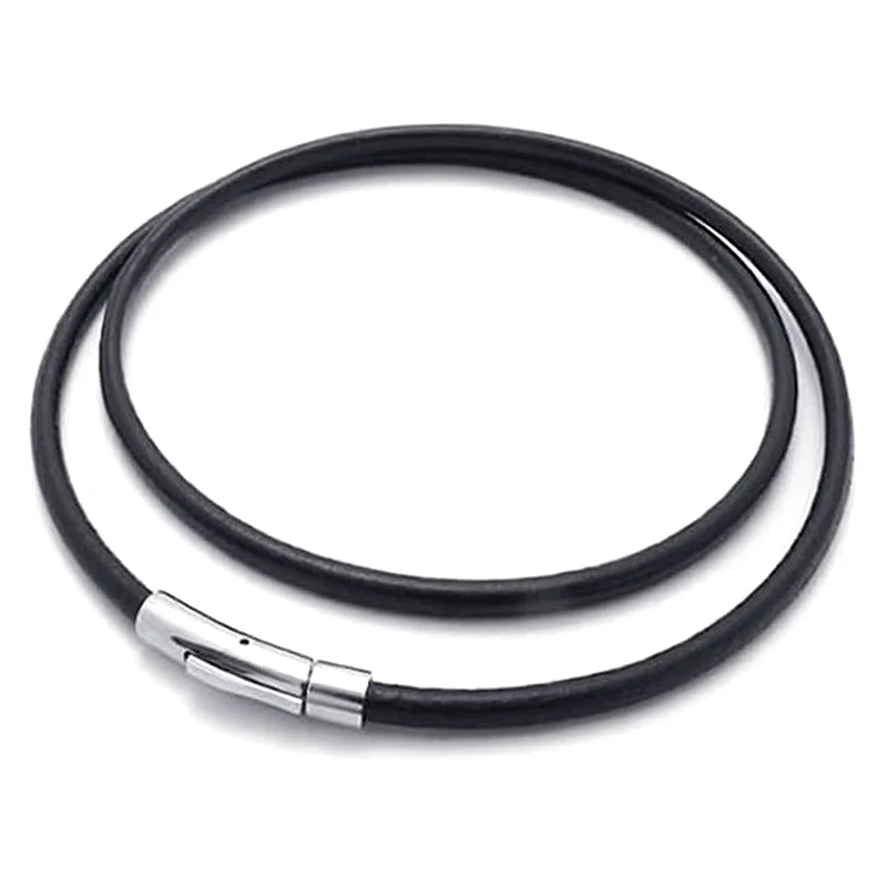 

Jewelry Men's Necklace - Chain - 3mm Cord - Leather - Stainless Steel - for Men - Color Black Silver - With Gift Bag - 55cm