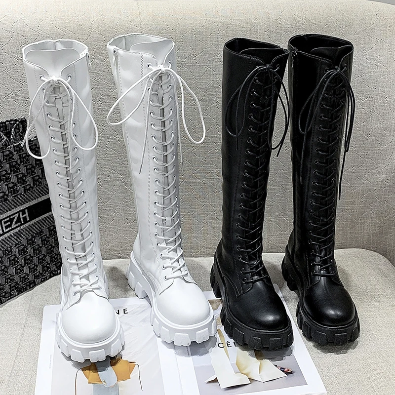 

Nice Pop Thicken Winter Knight Boots Women Knee High Long Square Heel Retro Lace Up Motorcycle Boots Black White Botas Mujer