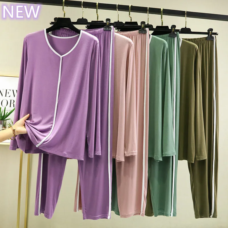Women's Modal NEW Soft Pajamas Casual Sleepwear Set Women Pajama Set Full Sleeves Fashion Stripe V-Neck Shirt Pant Homewear