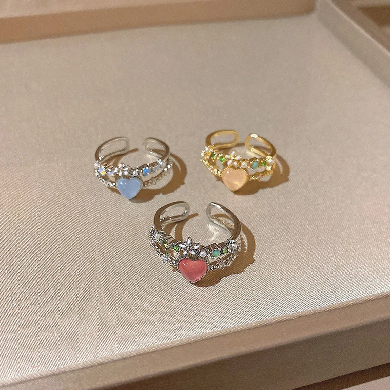 

Luxury Double Love Zircon Opening Rings Exquisite Flower Index Finger Rings for Women Jewelry Accessories Wholesale