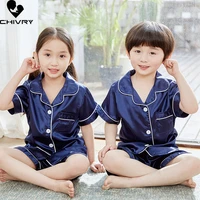 new 2022 kids boys girls silky pajamas solid short sleeve lapel shirt tops with shorts baby summer loose sleeping clothes sets