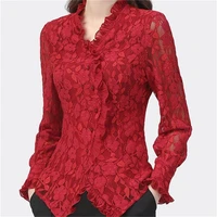 design shirt 2022 spring autumn new lace shirt tops womens v neck long sleeved foreign temperament red shirt is thin blousers