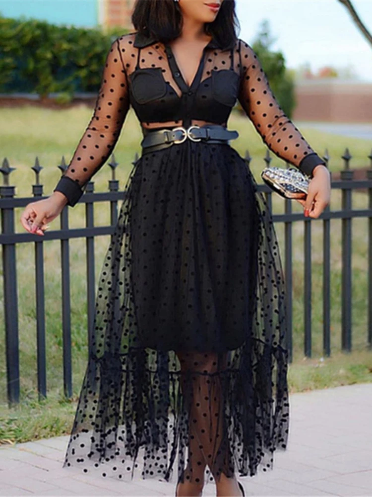 

Women Black Mesh Two Pieces Set Polka Dot See Through Transparent Shirts Tops Tulle Skirts Lining Elastic Waist Pleated Jupes