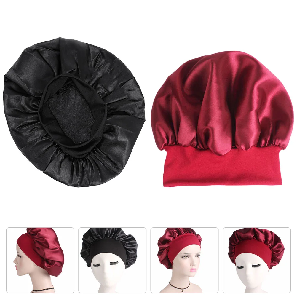 

2 Pcs Black Hats Men Silk Night Cap Headwear Chemo Beanie Chemo Turban Cap Hair Loss Caps Reusable Shower Caps