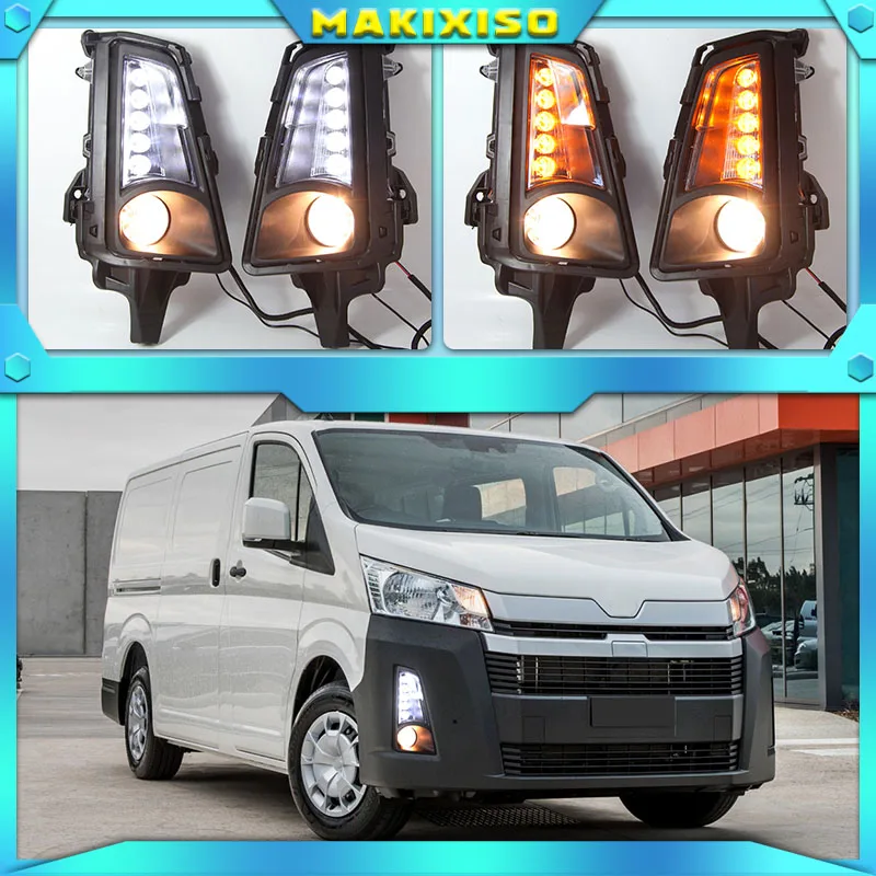 

1 пара светодиодный ных противотуманных фар DRL для Toyota Hiace 2019 2020 12 В Автомобильные светодиодные дневные ходовые огни с желтым сигналом поворо...