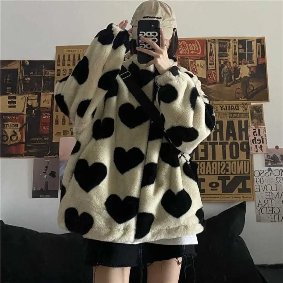 Autumn Winter Heart Print Zipper Y2k  Lamb Wool Coat Women's Korean  Thickened Loose Faux Fur Fur Jacket Women Students Clothes