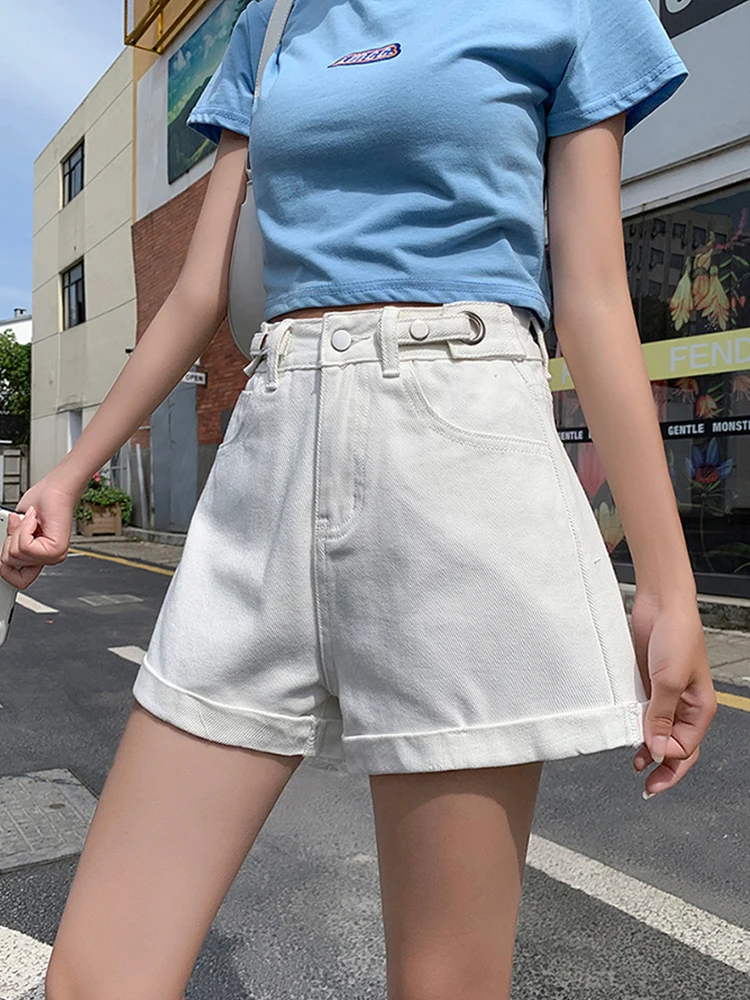 Spring Summer Women High Waist Adjustable Wide Leg Denim Shorts Casual Female Button Straight Jeans Shorts Bottoms
