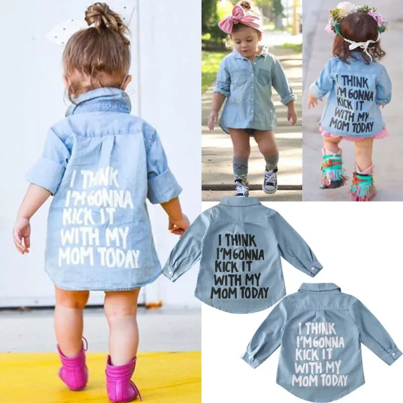 

Pudcoco US Stock Toddler Kid Baby Girl Autumn Clothes Denim Long Sleeve Shirt Blouse Coat Shirt Jacket Letter Print 2-7Year