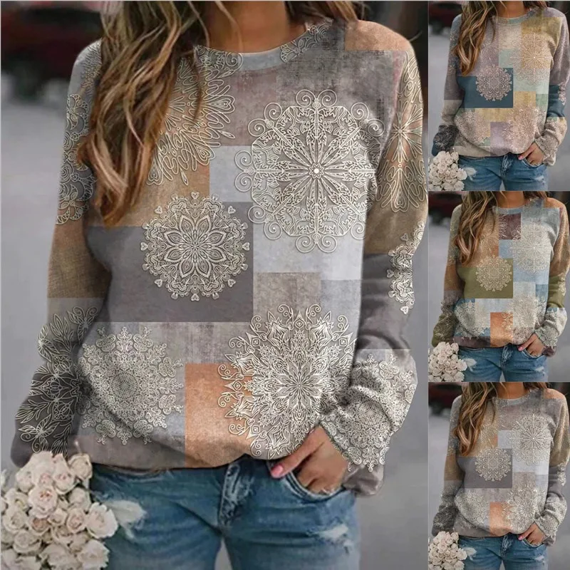 Autumn 2022 Fashion Plaid Patchwork Pullovers Tops Women Vintage Flower Print Sweatshirts Winter Female Casual Loose T-Shirts