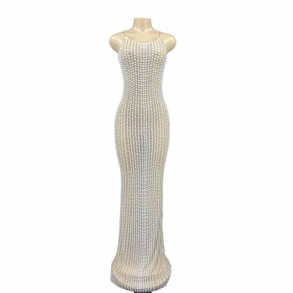 

Shining Pearls Sexy Spaghetti Strap Women White Split Dress Evening Party Wedding Cloth Stage Singer Perform Costumes