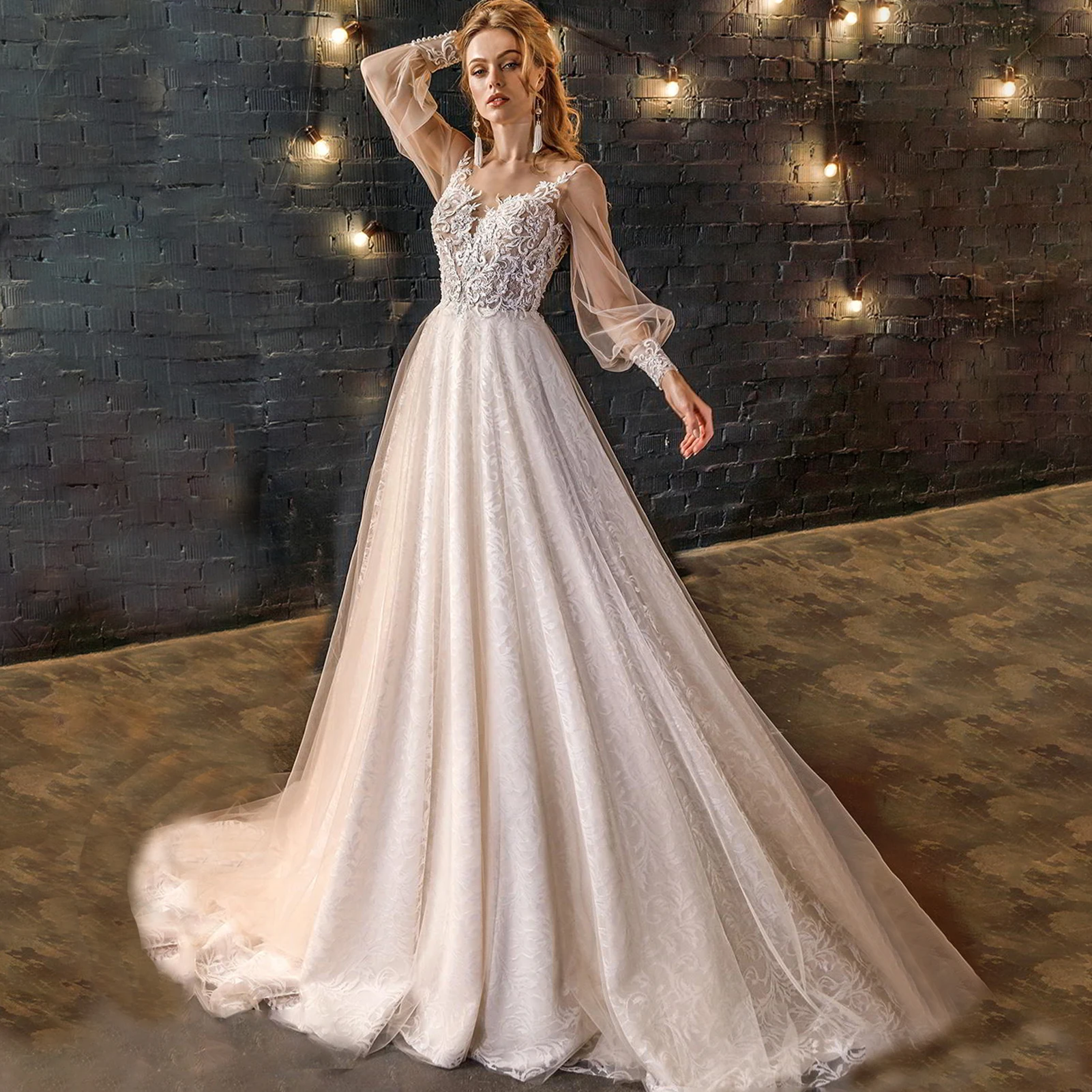 

Illusion Tulle Puff Sleeve Wedding Dresses Elegant Lace A-Line Appliques Bridal Gown Sweep Train V-Neck Pearls Vestido De Noiva
