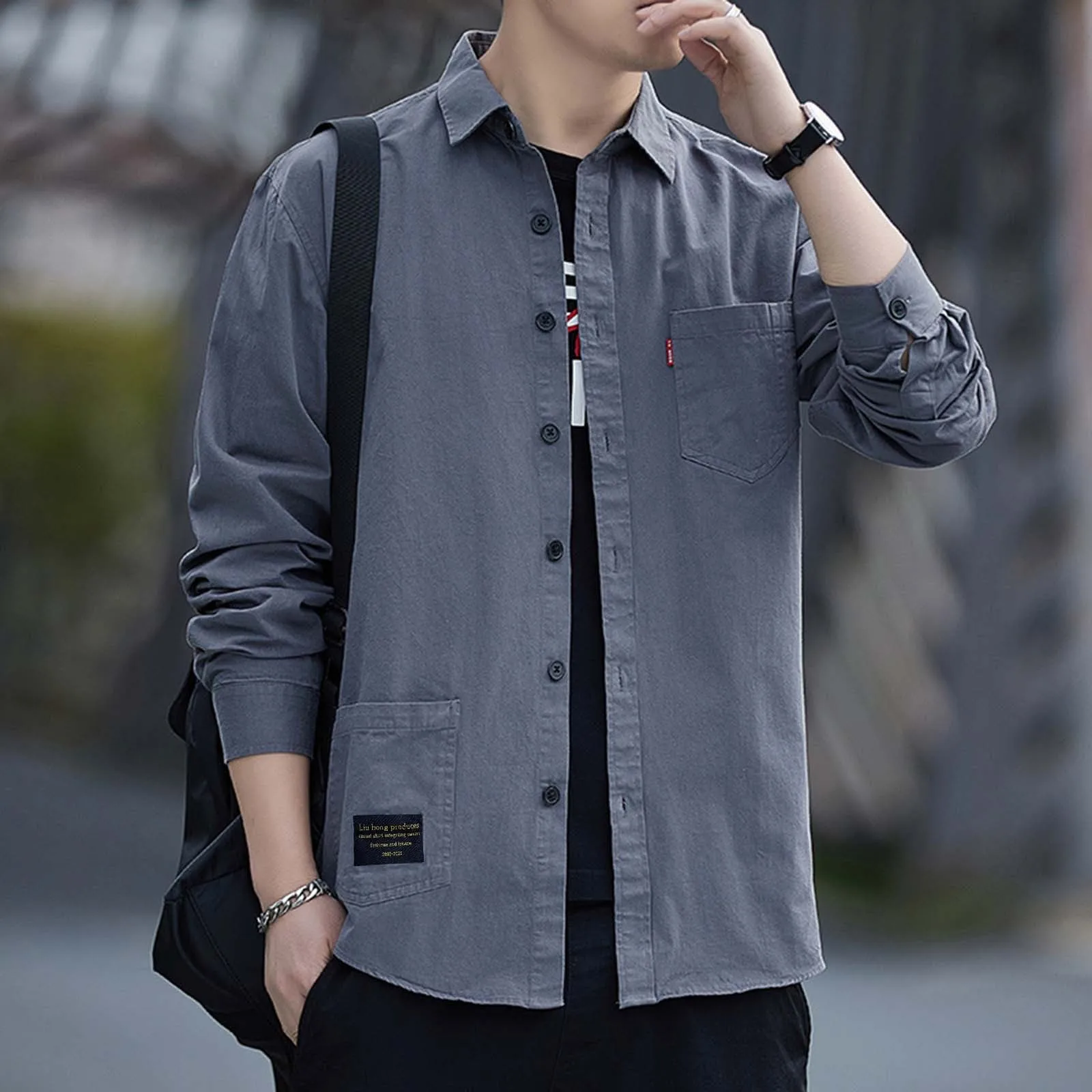

Solid Shirt Men's Long Sleeve Casual Pocket Cargo Blouses Clothes Autumn Winter Fashion Hiphop Streetwear Male Cardigan Tops