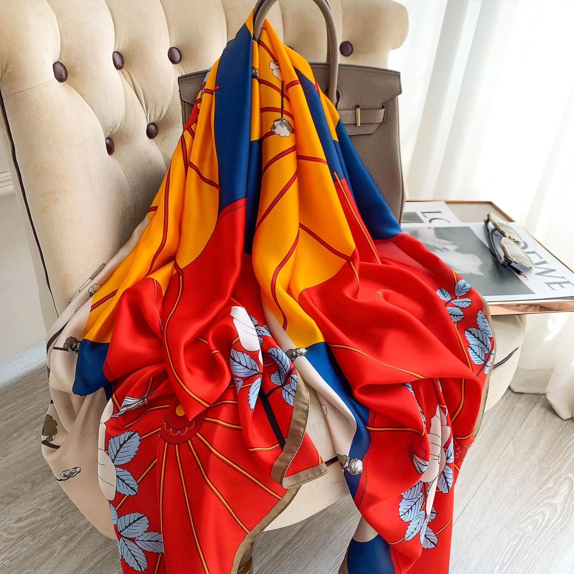 

Satin Silk Scarves 2022 Popular Stripe 180X90CM Beach Towel Europe And America Print Bandannas Four Seasons Fashion Long Shawls