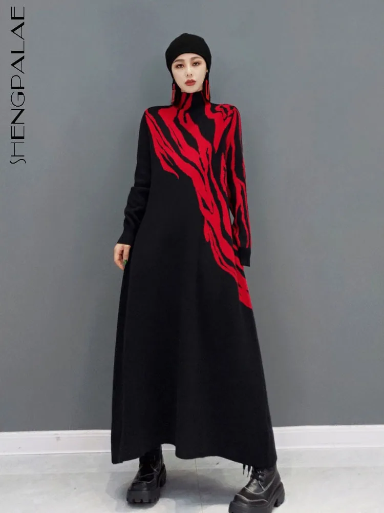 

SHENGPAIAE Knitting High Collar Long Sleeve Loose Robe For Women Dress 2023 Autumn Female Fashion Trendy New Dresses 5W492