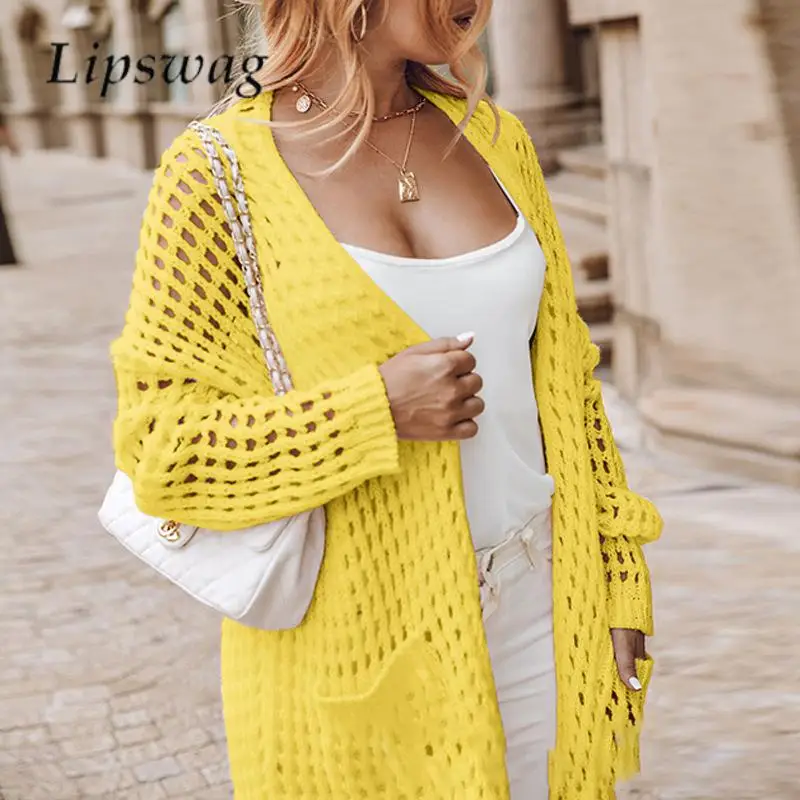 

Fashion Thin Hollow Out Crochet Jacket All-match Solid Color Long Sleeve Cardigan Knitwear New 2023 Early Autumn Women Sweaters