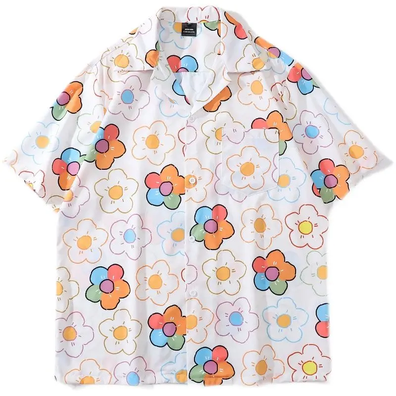 Summer Men Casual Shirts Japanese Style Fresh and Colorful Flowers Fun Tide Brand  Lazy Youth Streetwear Fashion Shirt Mens